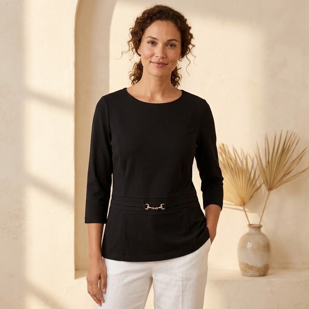Talbots black PONTE PEPLUM TOP 3/4 sleeve gold accent minimal basic plus size 1X